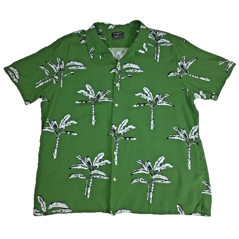 Primark Mens 3XL Regular Fit Green Palm Tree Tropical Viscose Button Up Shirt‎